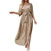 Symoid Maxi haljina za žene - Ljetni povremeni rulji s pola rukava Boho tiskani V-izrez Split s kaišom