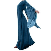 Ženske haljine s dugim rukavima, puni casual maxi a-line okrugla dekoltetna ljetna haljina plava m