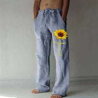 Muška modna casual maleni ispis pamuk i posteljina otisnuta posteljina džepa čipke hlače velike veličine