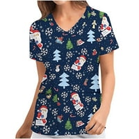 Božićni piling Top Womens Santa Claus Xmas Tree Ispis medicinske sestre uniforme kratki rukav V-izrez