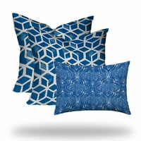 Set od tri 20 20 plave i bijele zaklonjene geometrijske bacanje u zatvorenom na vanjskom jastuku