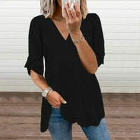 Vremenska ženska povremena ležerna bluza s dugim rukavima HEDGING V-izrez Solizirani majice, crna, s