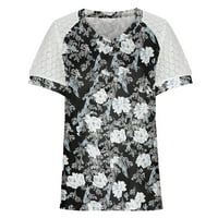 SKSLOEG ženske bluze Elegantna labava fit čipka Vintage cvijet Print Tops Puff kratki rukav V izrez