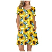 Follure haljine za žene O-izrez Ljeto kratkih rukava suncokret tiskani džepovi sandress casual haljina