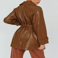 SprifAllBaby Žene Jesen Zimska kožna jakna Čvrsta boja lapela FAU kožni kaput sa pojasom S-XL