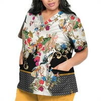 Huachen Womens Ljetni cvjetni ispis kratkih rukava V-izrez V-izrez Radna uniforma džepna bluza