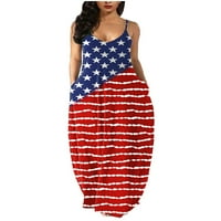 Enjiwell Ženska američka zastava Print Boho Maxi Sundress Day Neevidence Day Dugres Dress