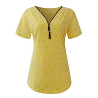 Ženski vrhovi Ženska majica kratkih rukava s kratkim rukavima V-izrez Tassel Zipper Top Solid Color
