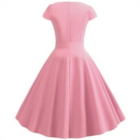 Ružičasta ženska vintage kratki rukav čvrsta boja luka luka vitka tanka vintage haljina s
