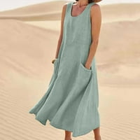 Atinetok Ženska ljetna posada Droke bez rukava Boho casual Beach Flowy Clue vrat Elastična stručna haljina Maxi Solid Color Nasled omotače sa džepovima