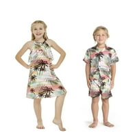 Uklapanje dječaka i djevojke braće i sestre Hawaiian Luau odijelo u Neonskom zalasku sunca