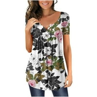 Hanas vrhovi ženske ljetne modne modne tunike, cvjetne tiskane majice kratkih rukava, dugmad okrugli