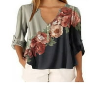 Plus size žene dugih rukava šifonske majice bluza na vrhu casual labav cvjetni ispisani tunički rull up ruffe majice dame vrez