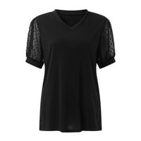 Qcmgmg Crne majice kratkih rukava za žene V izrez Ležerne prilike Labavi fit Ljetni puff rukavi švicarske