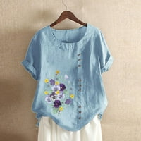 Košulje s kratkim rukavima za žene O-izrez cvjetne tipke za ispis Pamuk posteljina Vintage Top Bluze Blue Western učitelj Hawaiian mama