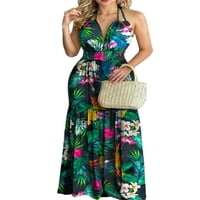 Glonme Ladies Sundress V izrez Duge haljine bez haljine Maxi haljine Ljetni Havajski seksi cvjetni print