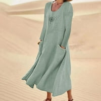 Obucine haljine za žene modni dugi rukav Ispis pamučne posteljine okrugla džepna haljina na klirensu