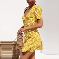 GDFUN ženska modna casual print polka dot kratki rukav V-izrez Bow haljina na plaži Ženske haljine
