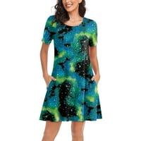 Ljetne haljine za žene kratki rukav a-linijski iznad koljena casual okruglog dekolte cvjetnog datuma haljina zelena l