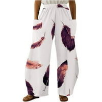 Ženske široke pantalone za noge Elastična velika struka Baggy Palazzo Pant Feather Print Comfy joga