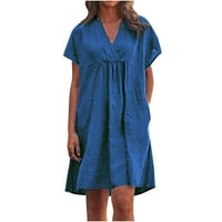Bazyrey ženske haljine Ljetni rufffle kratki rukav fit & flare haljine ženske čvrste labave haljine s V-izrezom plave l