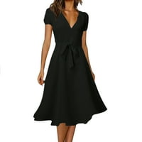 Ljetne haljine za žene V-izrez čvrsto ispis kratkih rukava midi haljina crne s