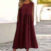 Žene A-line haljina Ljetna okrugla izrez bez rukava sa džepovima Ležerne duljine žene haljine crvene
