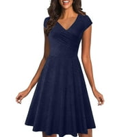 Clearsance Ljetne haljine za žene V-izrez Solid A-line Dužina koljena Ležerne haljina s rukavima Plava 2xL