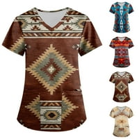 MLQIDK Women Plus veličina Aztec ispisani piling vrhovi V-izrez zapadno etnički grafički T majica Radna odjeća Nurse Uniform Tie sa džepovima S-5XL