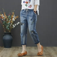 Žene Ležerne prilike udobne književne vezenje elastične hlače za rezanje visokog struka Jeans Black