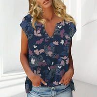 Hanas vrhovi ženske modne casual boho cvjetne casual majica kratki rukav V izrez bluza na mornarici