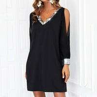 Outfmvch haljina s dugim rukavima za žene sjajna mreža za šivanje glamurozne crne V-izrez Mini haljine