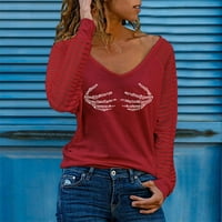 Ženska vruća skeleta Leptir Heart Print Majica s dugim rukavima Žene Splice rukava Fall majica V izrez