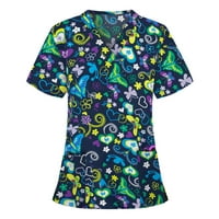 Ženske modne majice Leptir tisak vrhovi V-izrez majica kratkih rukava TEES TUNIC Džepne bluze Bluze Radna jednolična odjeća za djevojke zelena XL