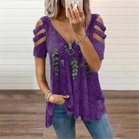 Bluza Leylayray za žene Ljeto Ženske vrpce V-izrez patentni zatvarač Pulover Print kratkih rukava sa labavom majicom Purple XXXXXL