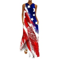 4. jula Haljine za žene Ljeto američku zastavu sa džepovima Notch V izrez Maxi haljina maxi haljina