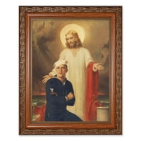 Isus sa mornarom za mornar uokvirena zidna umjetnička dekor Veliki, starinski okvir tamnog mahagonija