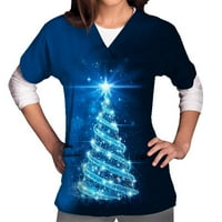 Trendy Womens Ljetne modne košulje Osnovni vitki vrhovi Božićni kratki rukav s kratkim rukavima TOP tipka dolje božićno drvce sa džepom plavom xxl