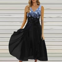 Žene cvjetni V-izrez A-line Dužina gležnja Modna bez rukava Ljetna haljina Plava XL