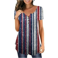 Košulje od 4. jula za žene Ljeto Plus veličine američke zastave Crewneck Gumb s kratkim rukavima niz