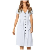 Cleariance Ljetne haljine za žene V-izrez modni čvrsti duljina koljena A-line Club Haljina kratkih rukava