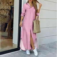 Ljetne haljine Trendy rever gumb prorez majica Maxi haljina s rukavima ružičasta m