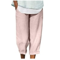Hlače za žene Ležerne prilike pune boje elastične struke ravne širine pantalone za noge Dame pamučne posteljine, labave hlače