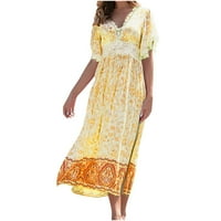 Dyegold sandresses za ženska ležerna plaža - ljetne haljine za žene čipke obloge V izrez kratkih rukava