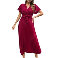 Ljetne haljine za prodaju za žene za žene kratki rukav čvrsta boja Šifonska haljina V-izrez ruffle midi
