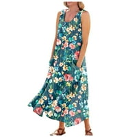 Ljetne haljine za žene modni casual okrugli izrez bez rukava cvjetni a-line haljine slobodne ženske haljine plave 4xl