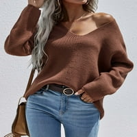 Ženske modne duge rukave V izrez labavi pulover vrhovi bluza pletena džemper casual udobne tanko opremljene