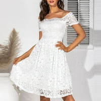 Ženska modna O-izrez Čvrsta čipkasta ispis A-line suknje Večernja haljina s kratkim rukavima bijela