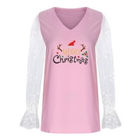 Odieerbi božićne majice za žene čipke dugih rukava jesen proljeće V-izrez božićni ispis bluza ružičasta