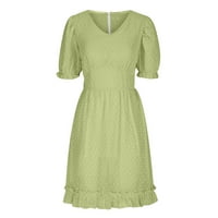 Ležerne haljine za žene Ljeto u boji Pom pom V izrez Kratki puff rukava ruffles Flowy Swing Tunic midi